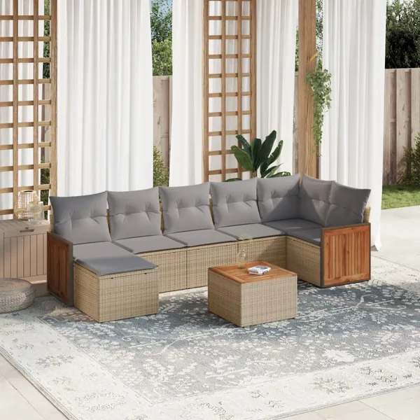 Salon de jardin avec coussins 8 pcs beige résine tressée