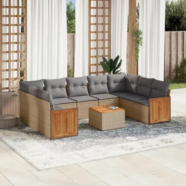 Salon de jardin avec coussins 10 pcs beige résine tressée