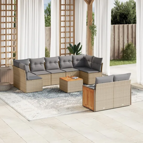 Salon de jardin avec coussins 10 pcs beige résine tressée