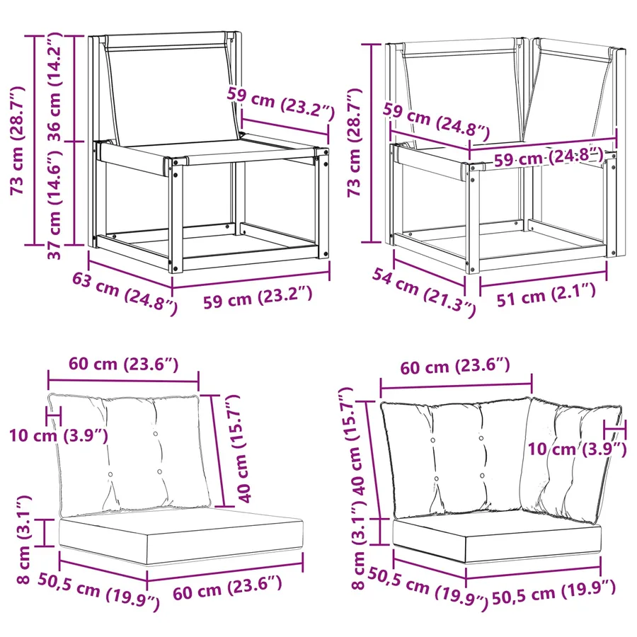 Canapé d’extérieur milieu et coin avec coussin 2 Pièce Blanc - 11