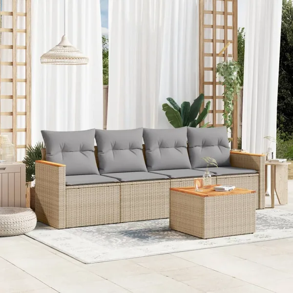 Salon de jardin avec coussins 5 pcs beige résine tressée