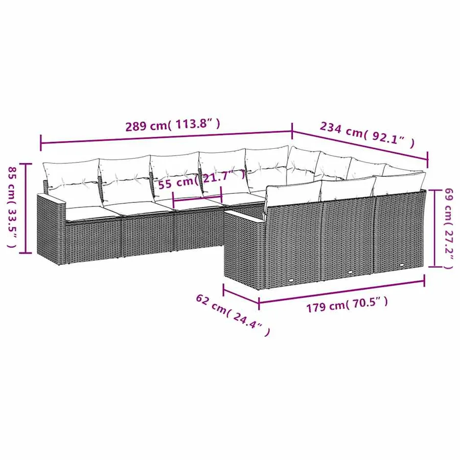 Salon de jardin 10 pcs avec coussins noir résine tressée - 3