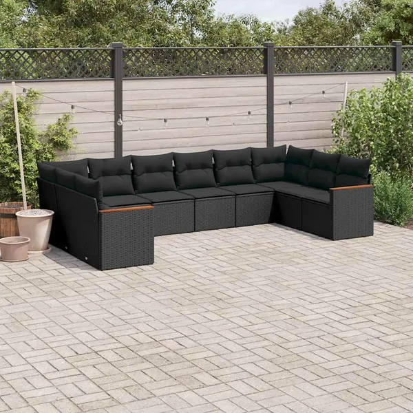 Salon de jardin 10 pcs avec coussins noir résine tressée