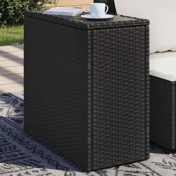 Table d'appoint de jardin avec dessus en verre noir rotin