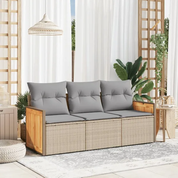 Salon de jardin avec coussins 3 pcs beige résine tressée