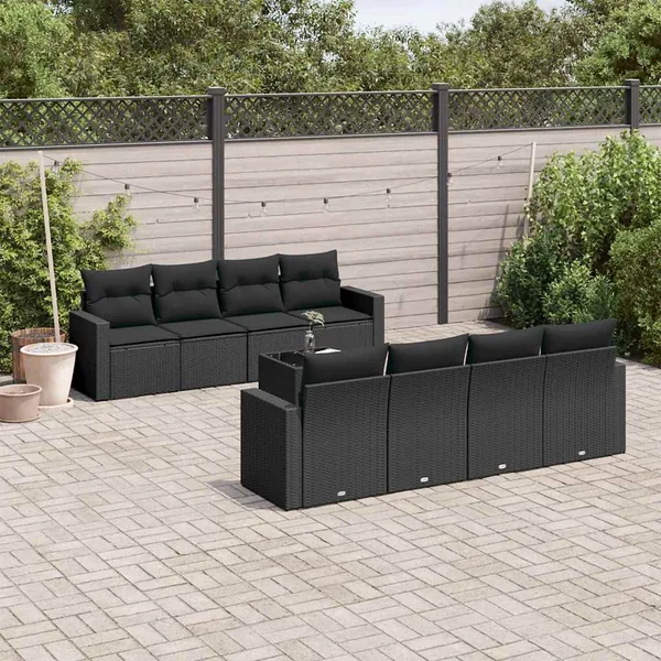 Salon de jardin 9 pcs avec coussins noir résine tressée