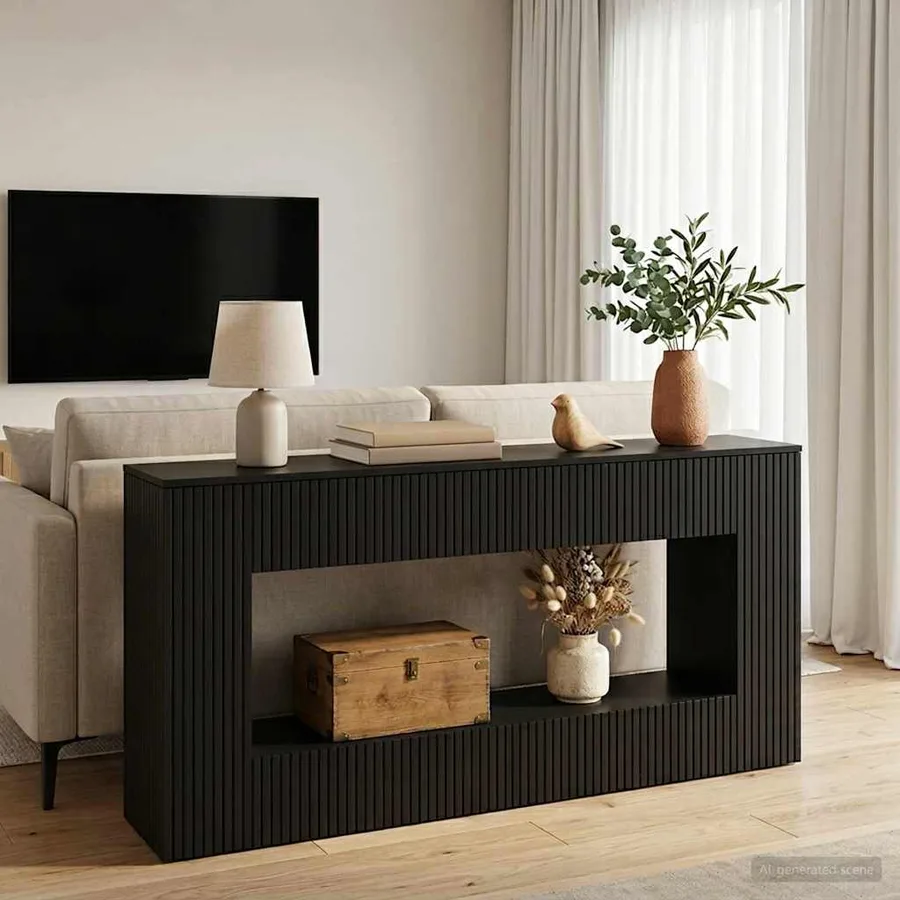 Table console Rayé Noir 155 x 29 x 74 cm Bois d’ingénierie - 4