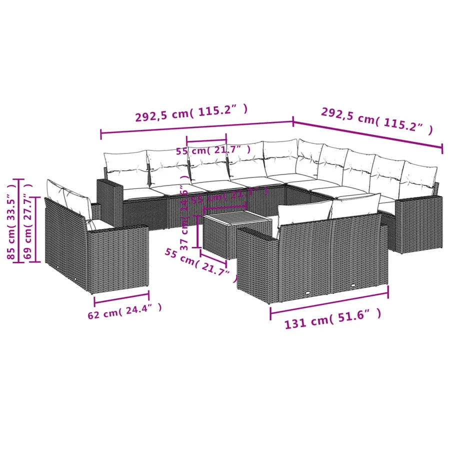 Salon de jardin avec coussins 14 pcs noir résine tressée - 3