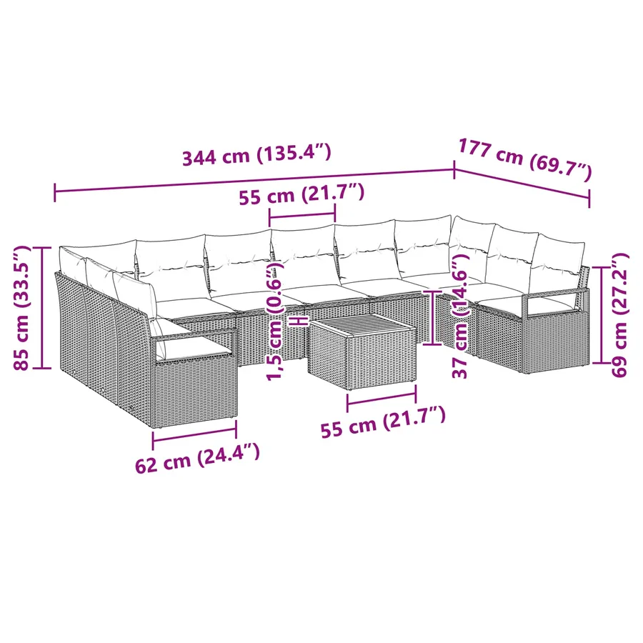 Ensemble de canapé de jardin avec coussin 11 pcs Gris polyrotin - 9