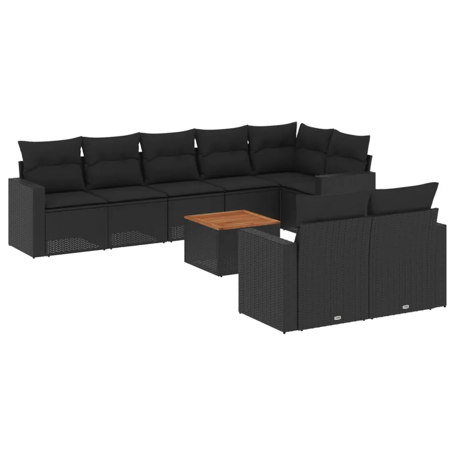 Salon de jardin 9 pcs avec coussins noir résine tressée - 2