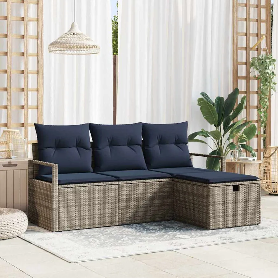 Ensemble de Canapés avec coussin 4 pcs Gris et marine polyrotin