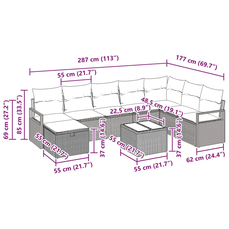 Ensemble de Canapés avec coussin 9 pcs Gris polyrotin - 11