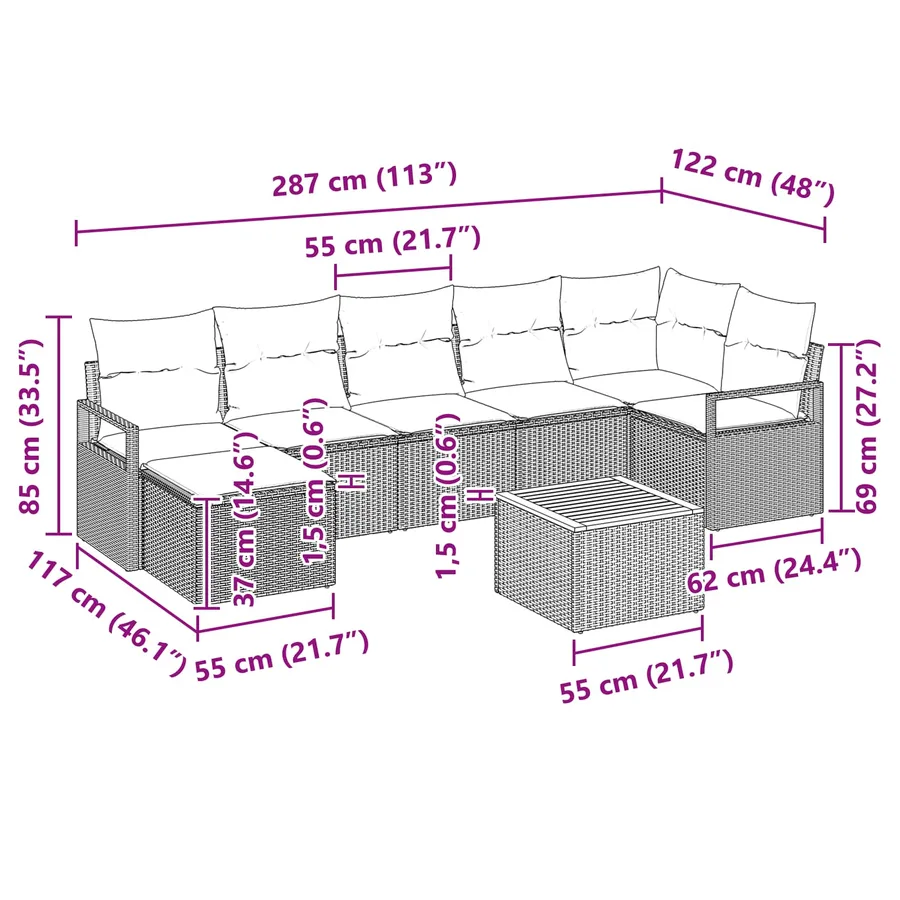 Ensemble de canapé de jardin avec coussin 8 pcs Gris polyrotin - 10