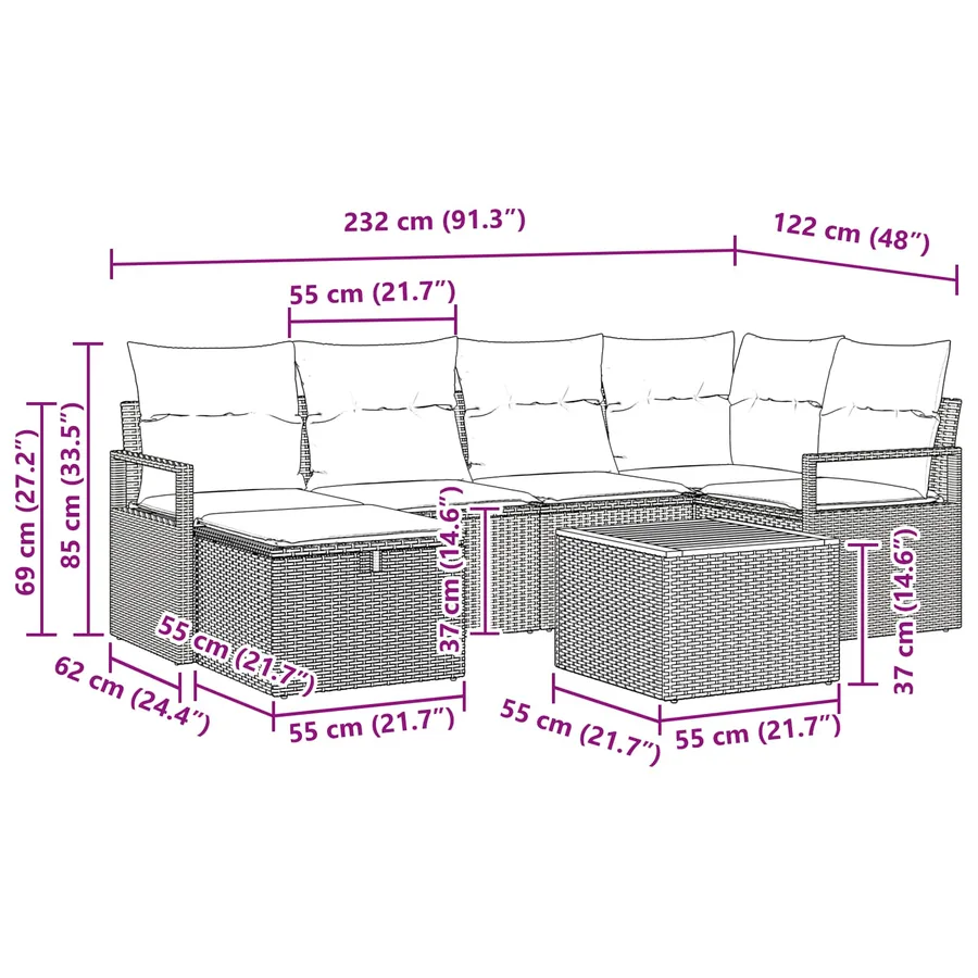 Ensemble de canapé de jardin avec coussin 7 pcs Gris polyrotin - 11