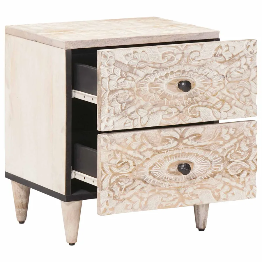 Cabinet de chevet Blanc 40 x 33,5 x 46 cm Bois de mangue massif - 2