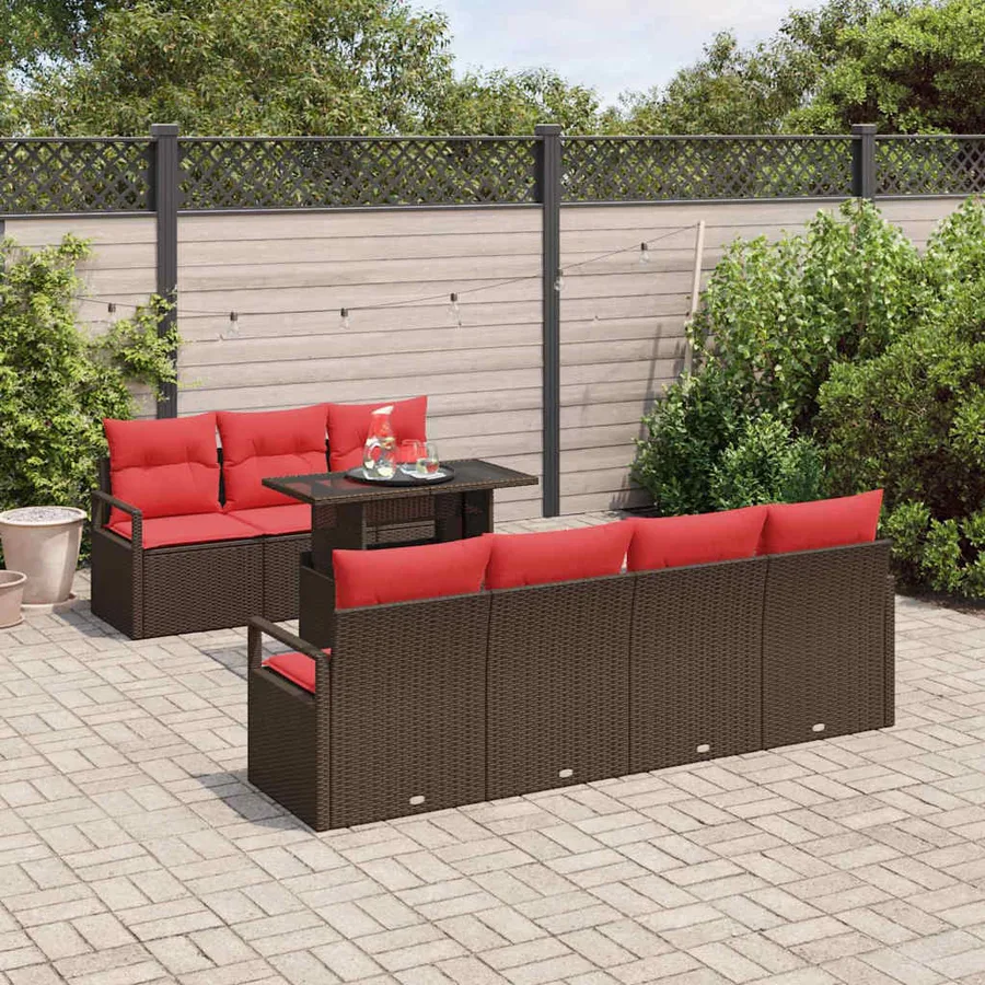 Ensemble de canapé de jardin 8 pcs Marron et rouge polyrotin - 3