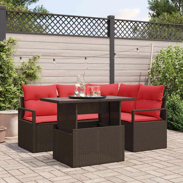 Ensemble de canapé de jardin 5 pcs Marron et rouge polyrotin
