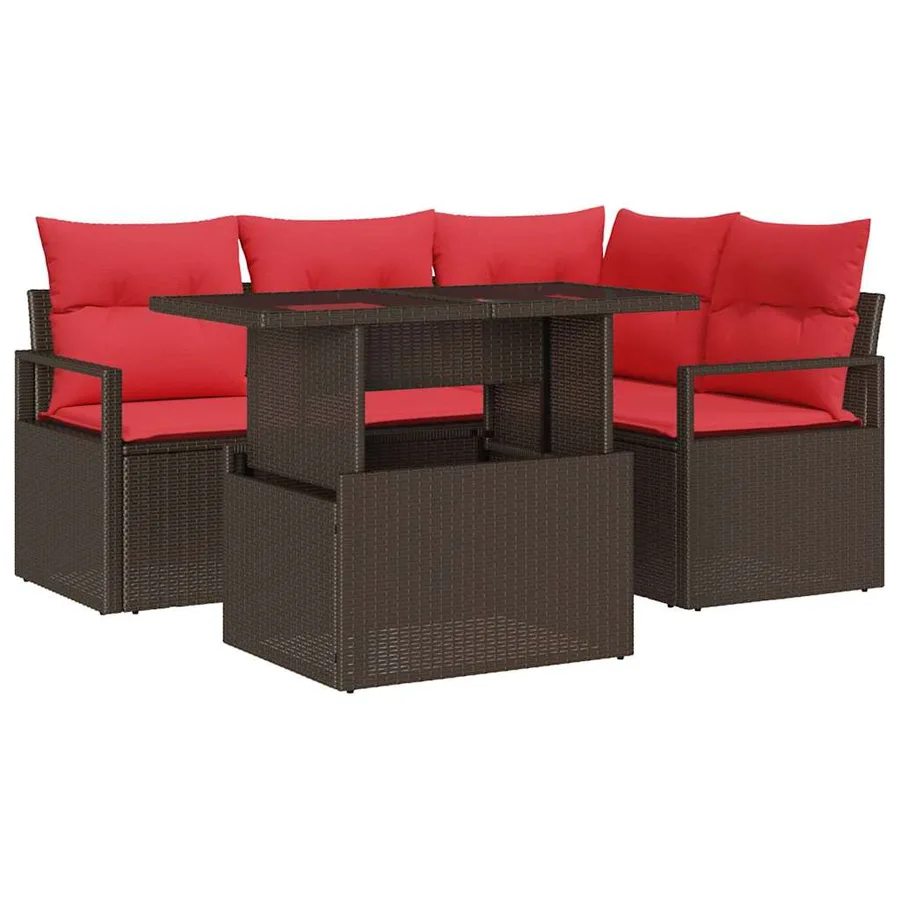 Ensemble de canapé de jardin 5 pcs Marron et rouge polyrotin - 2