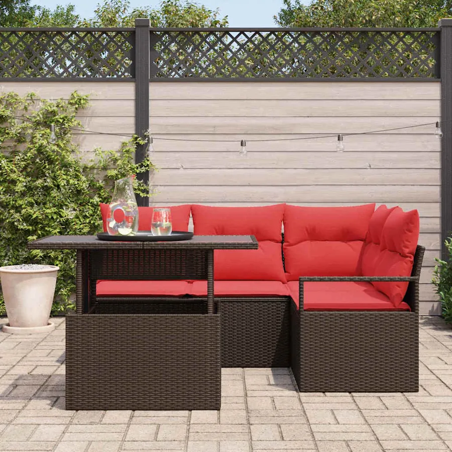 Ensemble de canapé de jardin 5 pcs Marron et rouge polyrotin - 3