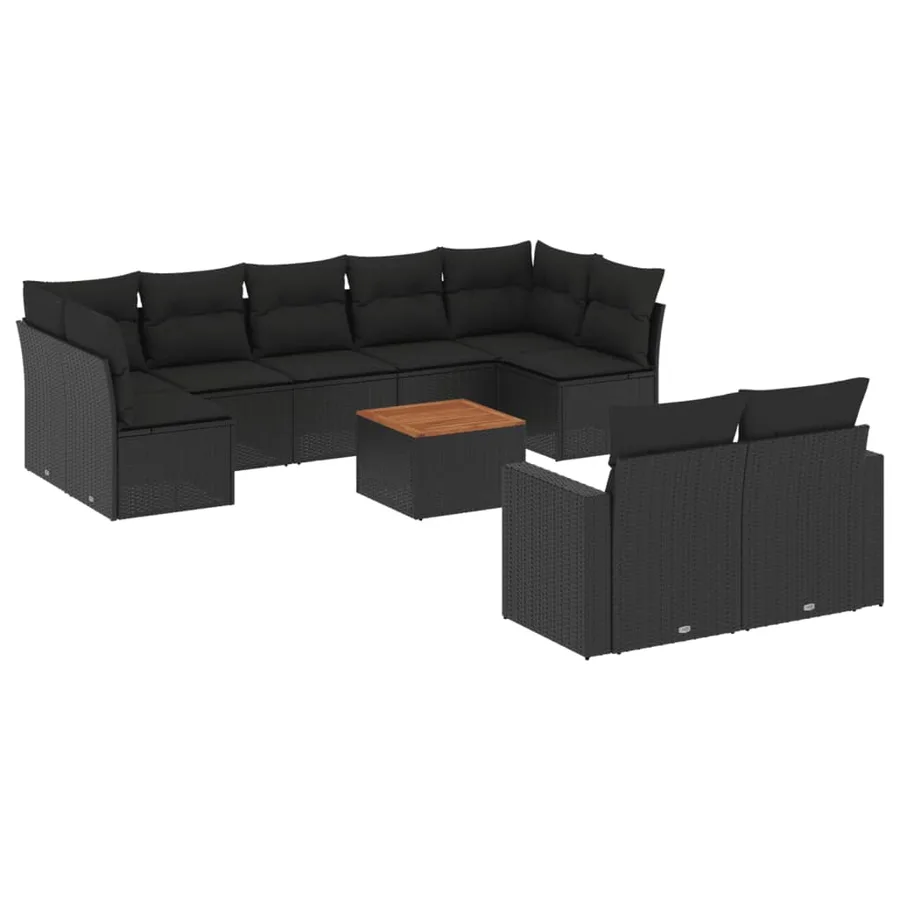 Salon de jardin 10 pcs avec coussins noir résine tressée - 2