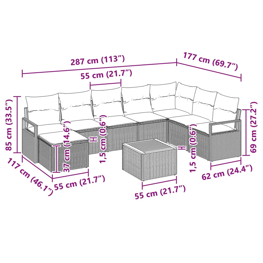 Ensemble de canapé de jardin avec coussin 9 pcs Noir polyrotin - 8