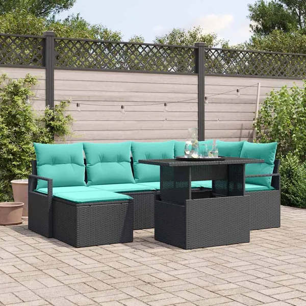 Ensemble de canapé de jardin 7 pcs Noir et Bleu Poly rotin