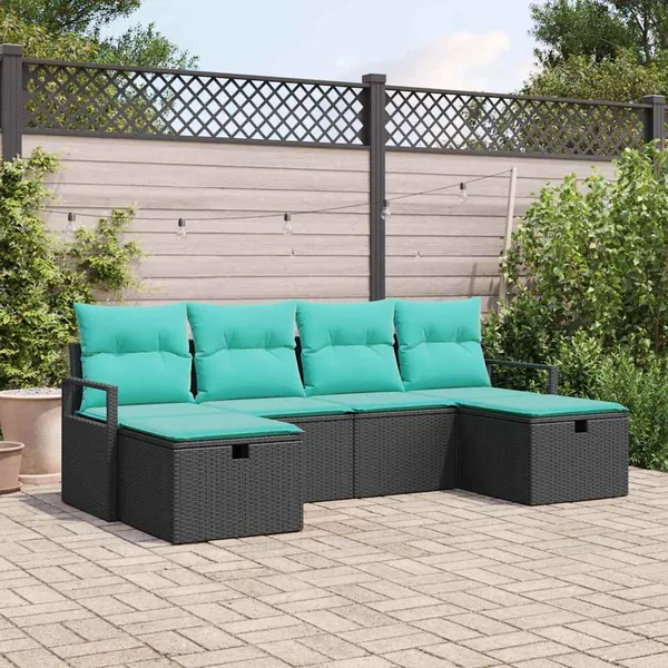 Ensemble de Canapés 6 pcs Noir et turquoise polyrotin