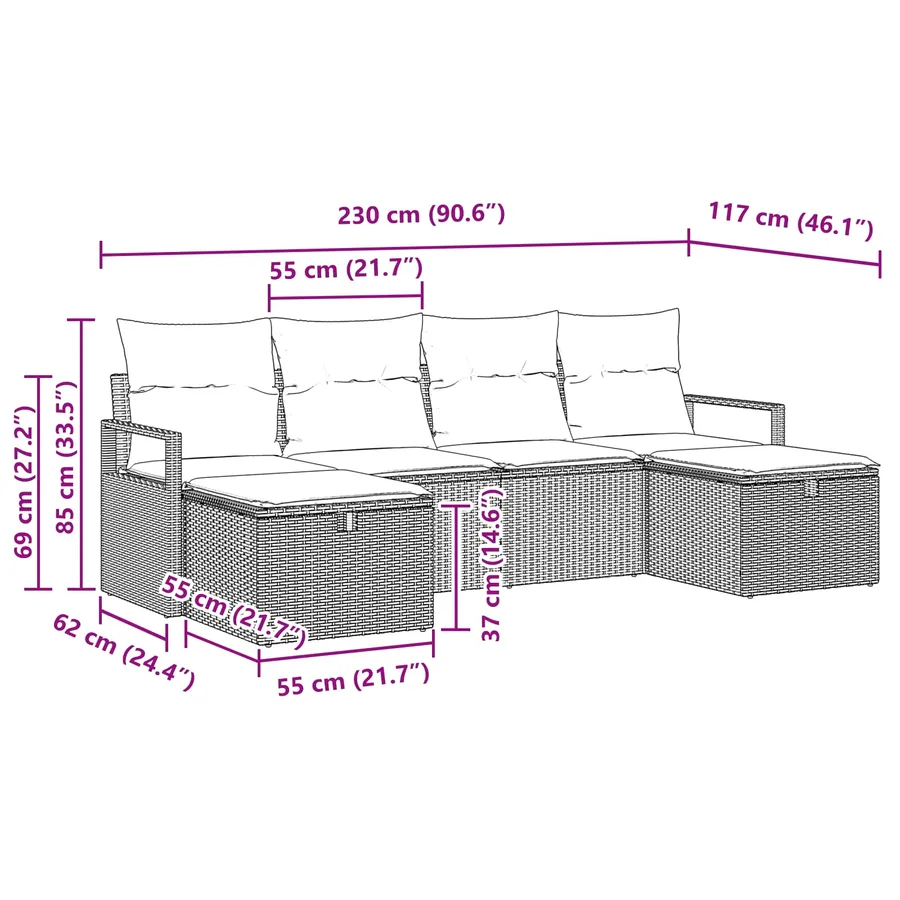 Ensemble de Canapés 6 pcs Noir et turquoise polyrotin - 9