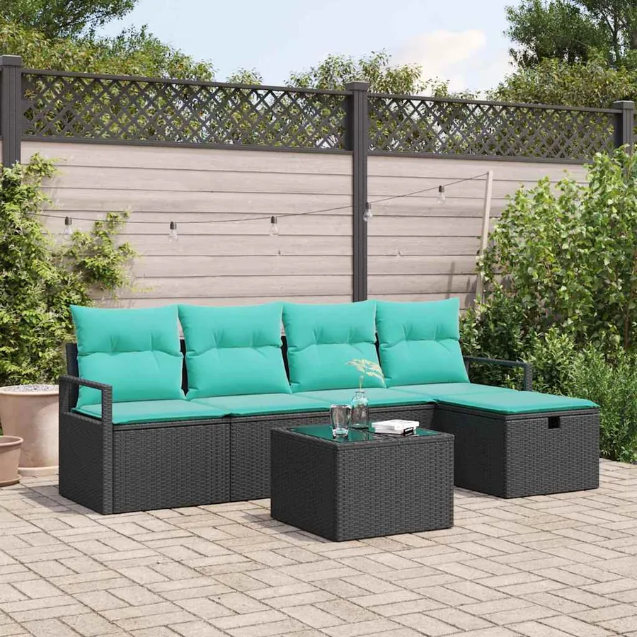 Ensemble de Canapés 6 pcs Noir et turquoise polyrotin