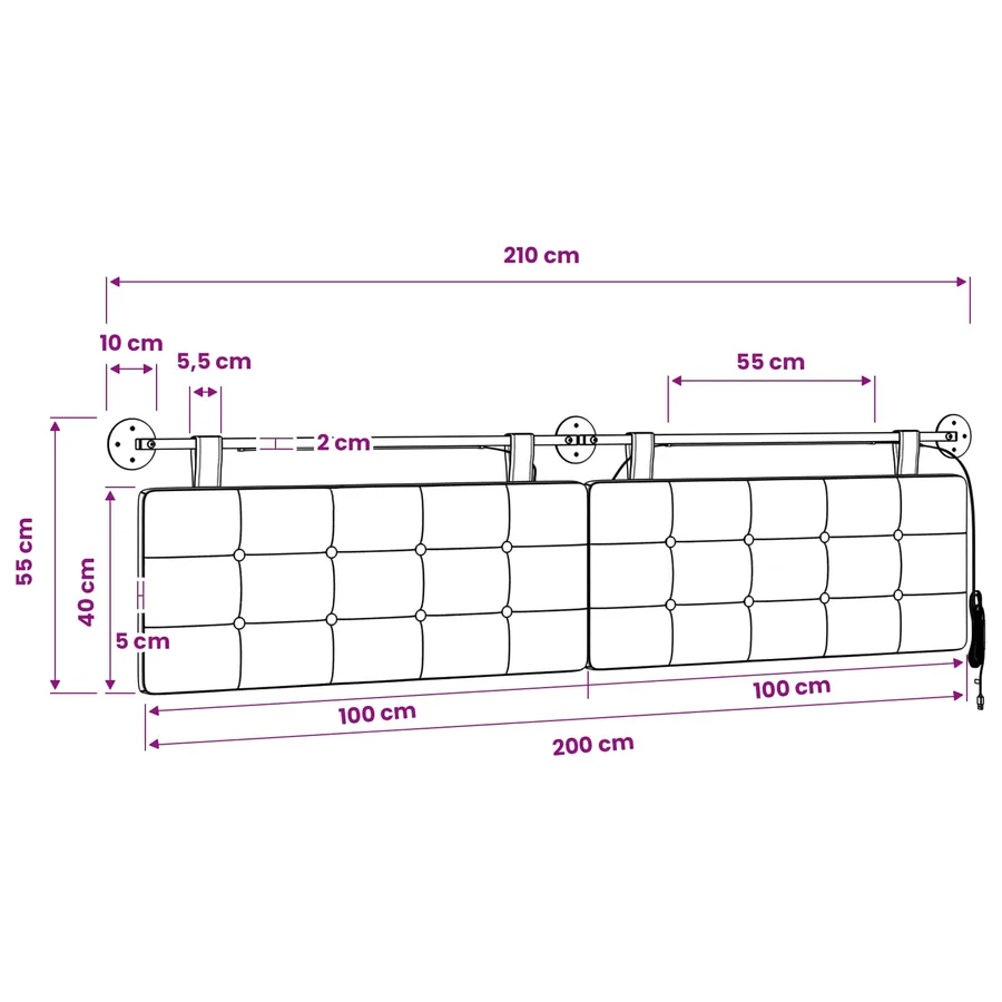 Tête de lit suspendue Avec lumière LED Noir Simili cuir - 13