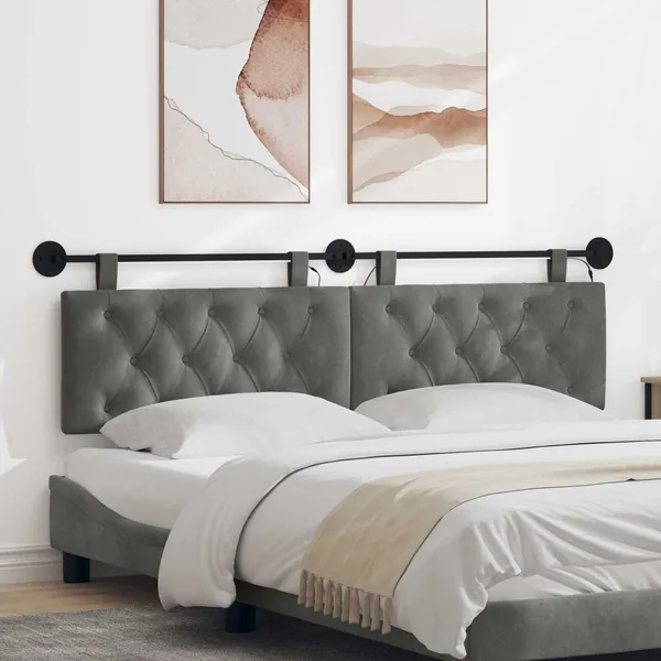Tête de lit suspendue Avec lumière LED Gris foncé Velours