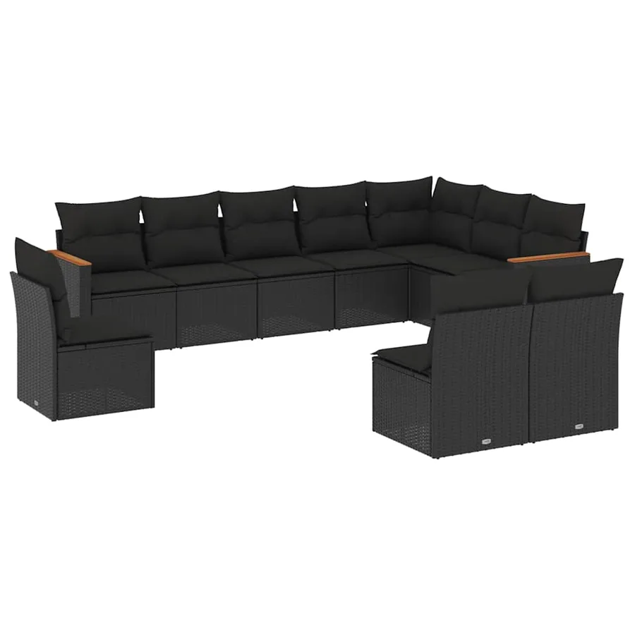 Salon de jardin 10 pcs avec coussins noir résine tressée - 2