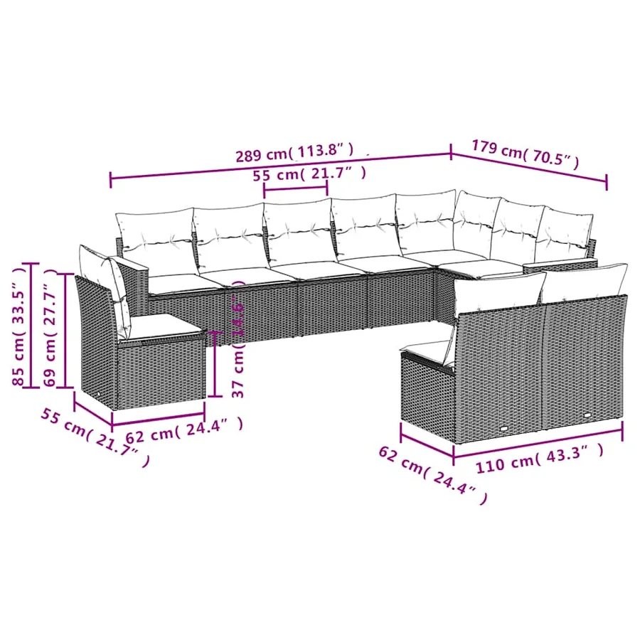 Salon de jardin 10 pcs avec coussins noir résine tressée - 7