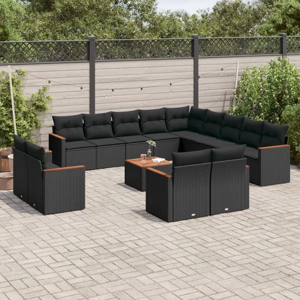 Salon de jardin avec coussins 14 pcs noir résine tressée