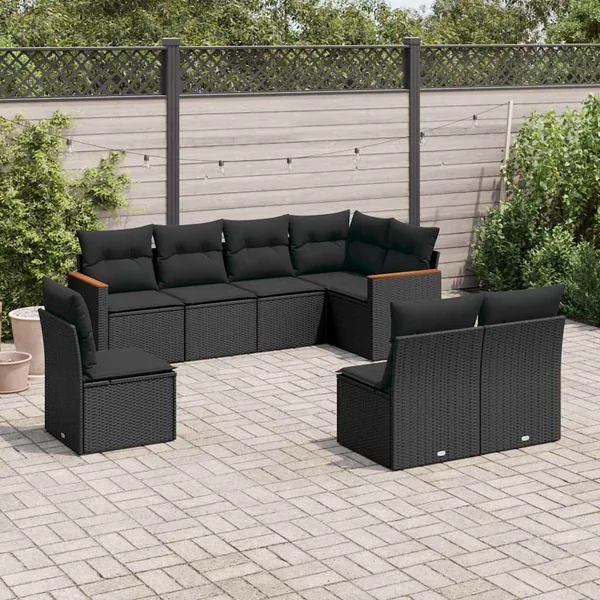 Salon de jardin 8 pcs avec coussins noir résine tressée