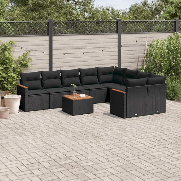 Salon de jardin 10 pcs avec coussins noir résine tressée