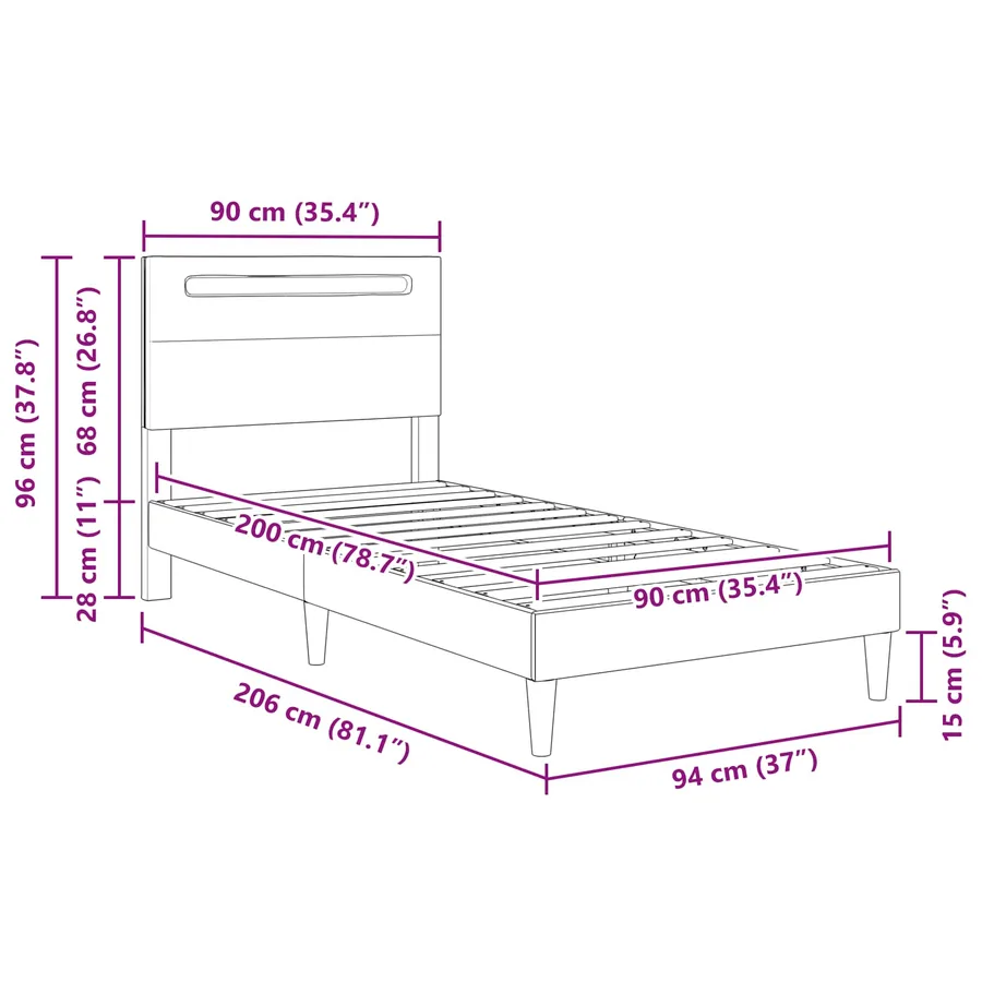 Cadre de lit avec bandes LED Gris 90 x 200 cm Simili cuir - 12