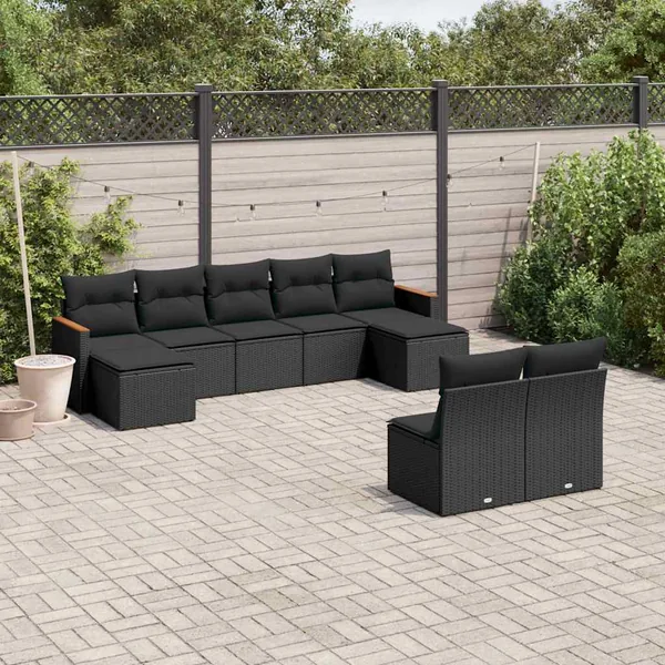 Salon de jardin 9 pcs avec coussins noir résine tressée