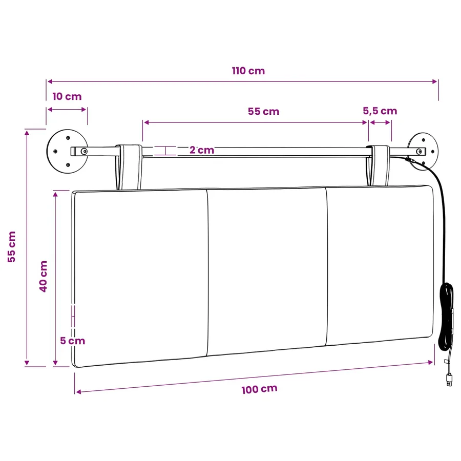 Tête de lit suspendue Avec lumière LED Crème Tissu - 13