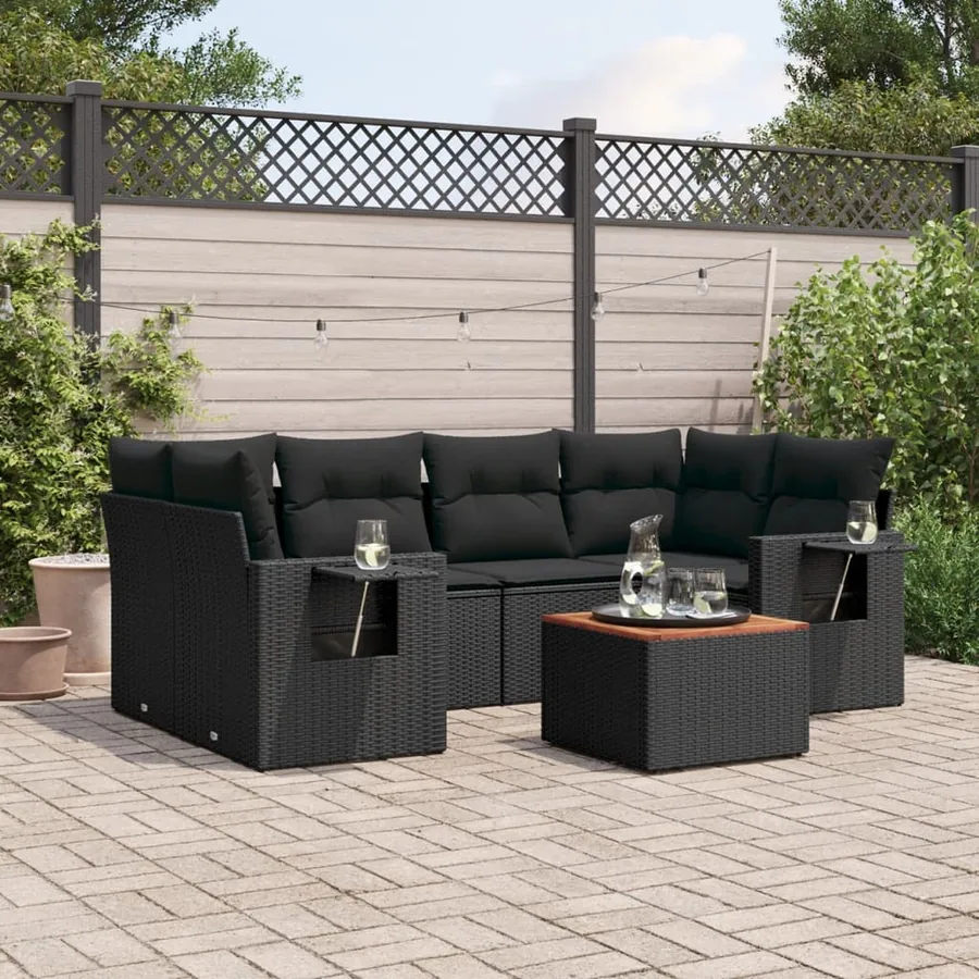 Salon de jardin 7 pcs avec coussins noir résine tressée 62 x 62 x 69 cm - 59,7 kg