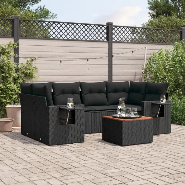 Salon de jardin 7 pcs avec coussins noir résine tressée 62 x 62 x 69 cm - 59,7 kg