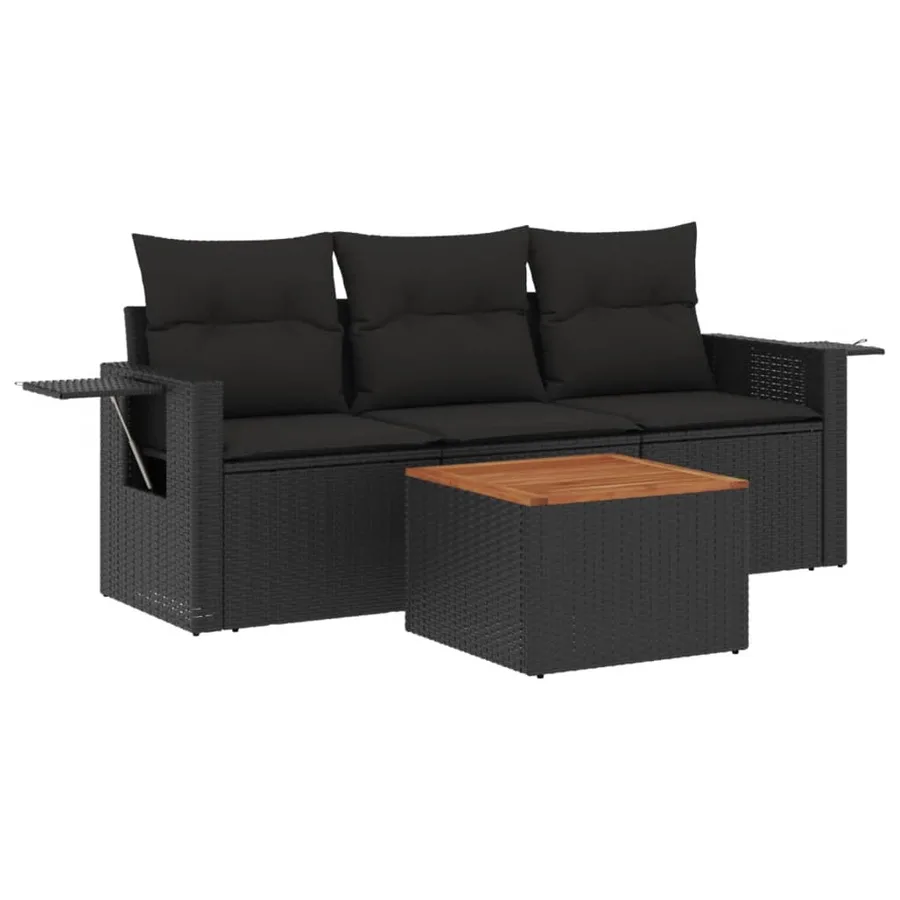 Salon de jardin 4 pcs avec coussins noir résine tressée - 2