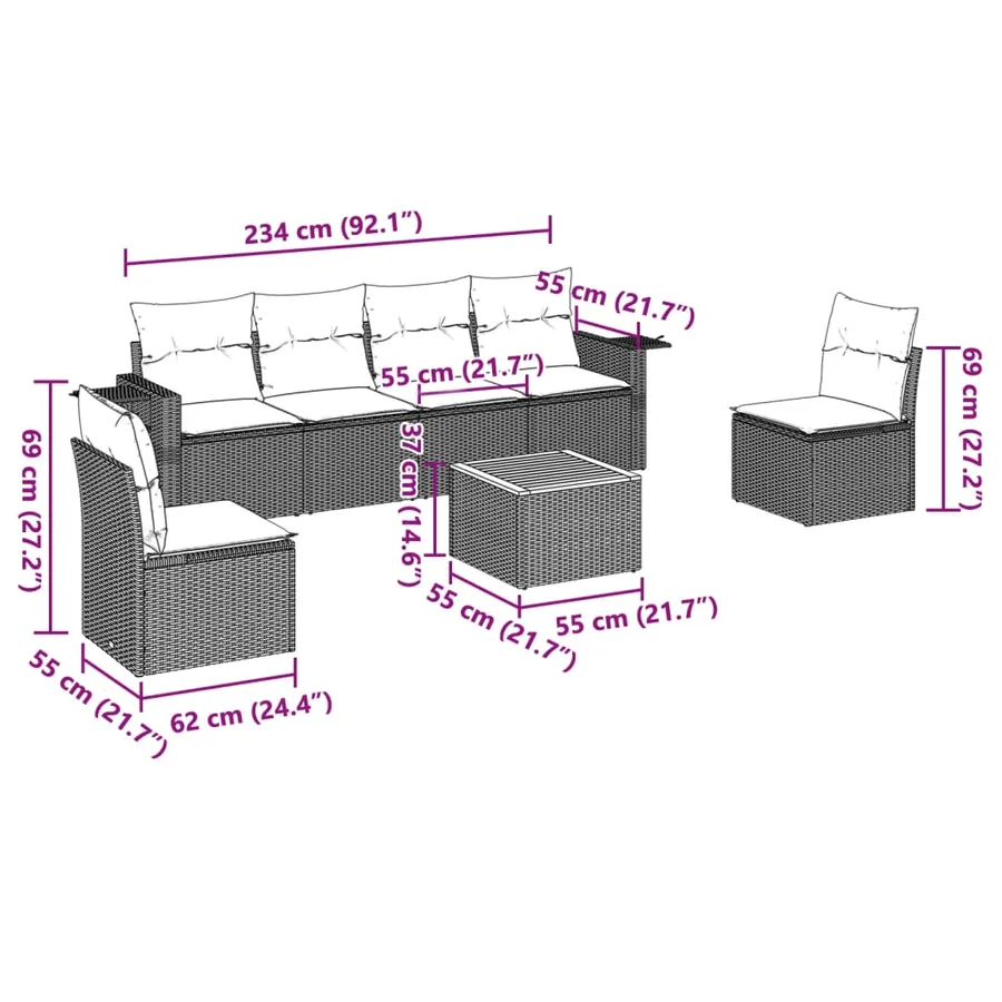 Salon de jardin 7 pcs avec coussins noir résine tressée 55 x 62 x 69 cm - 54,0 kg - 8
