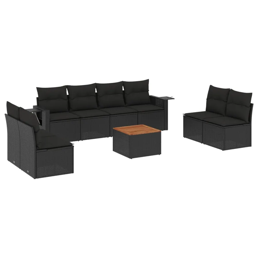 Salon de jardin 9 pcs avec coussins noir résine tressée - 2