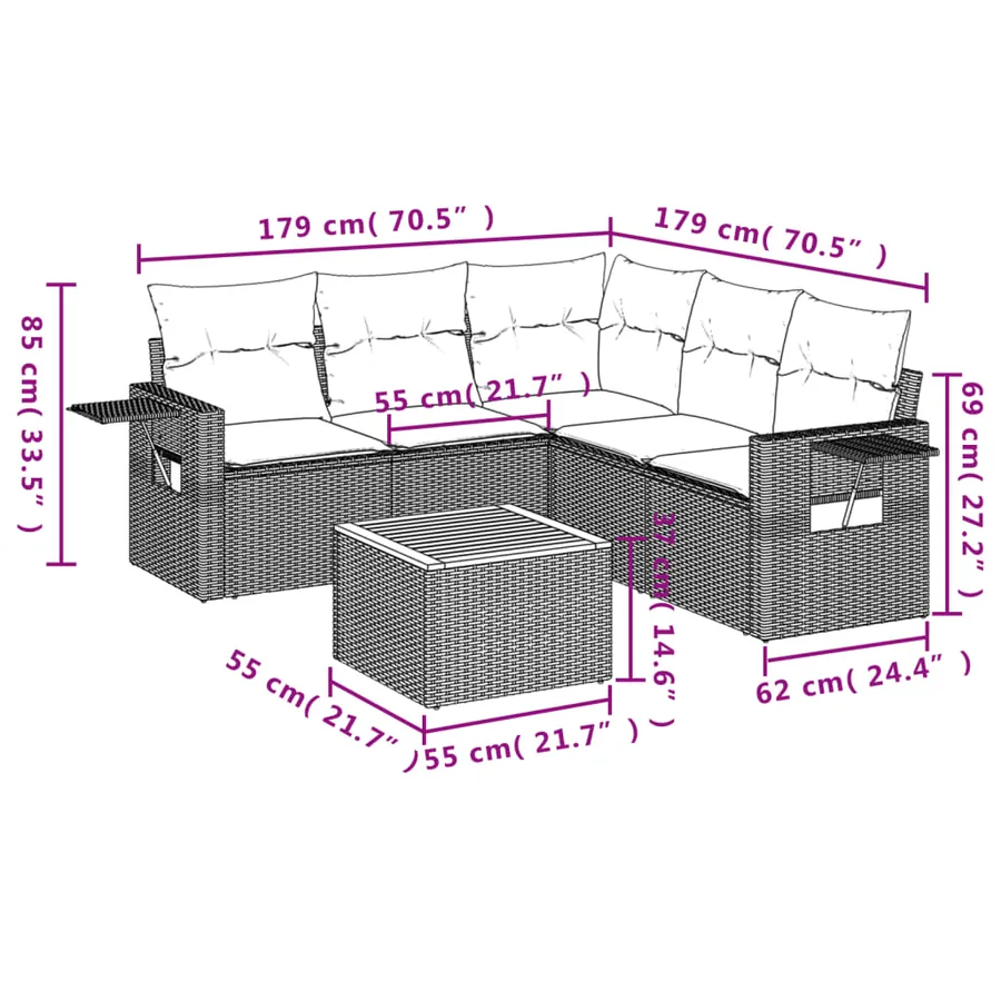 Salon de jardin 6 pcs avec coussins noir résine tressée - 9