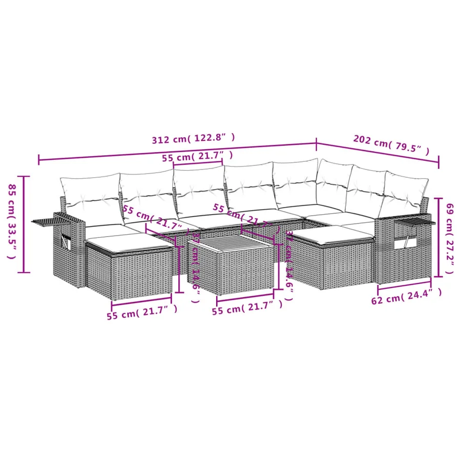 Salon de jardin 10 pcs avec coussins noir résine tressée - 10