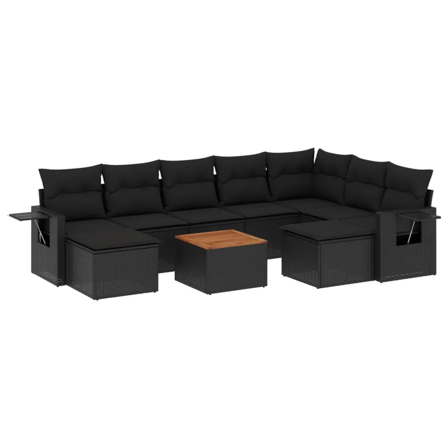 Salon de jardin 10 pcs avec coussins noir résine tressée - 2