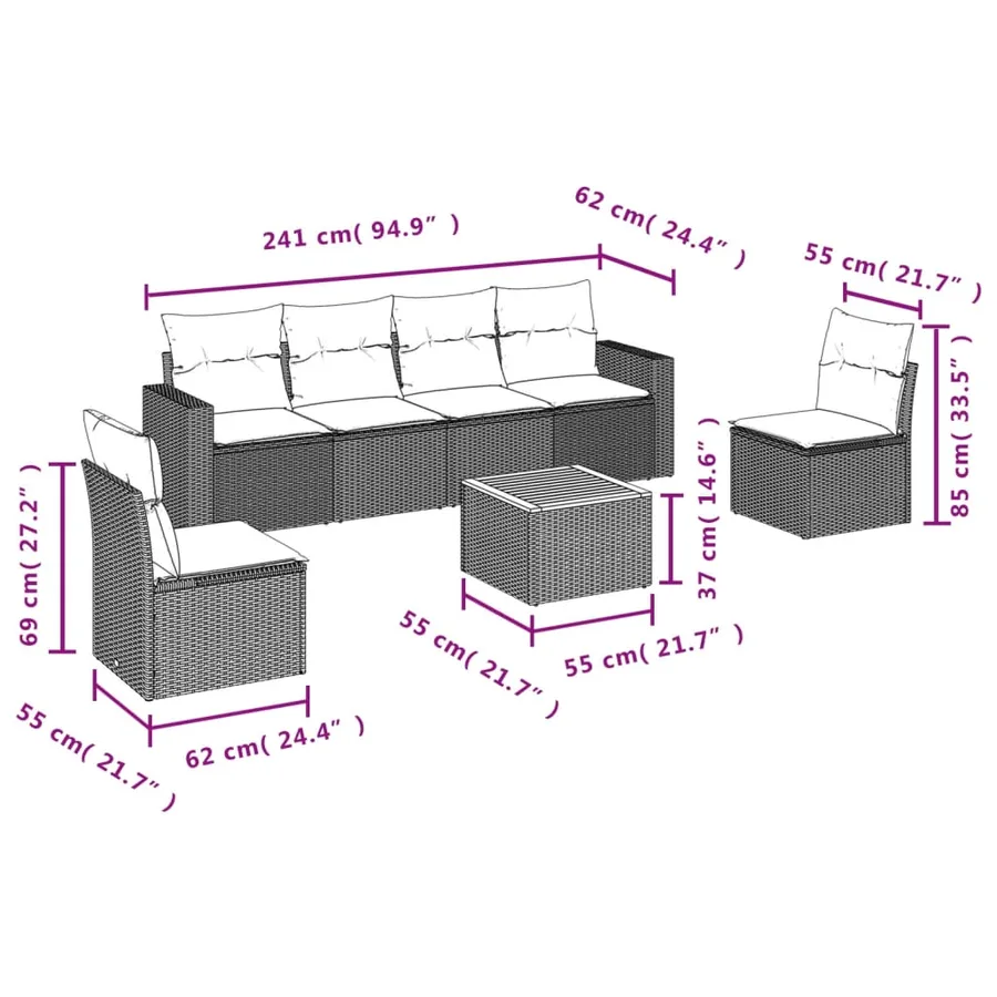 Salon de jardin 7 pcs avec coussins noir résine tressée 55 x 62 x 69 cm - 56,2 kg - 10