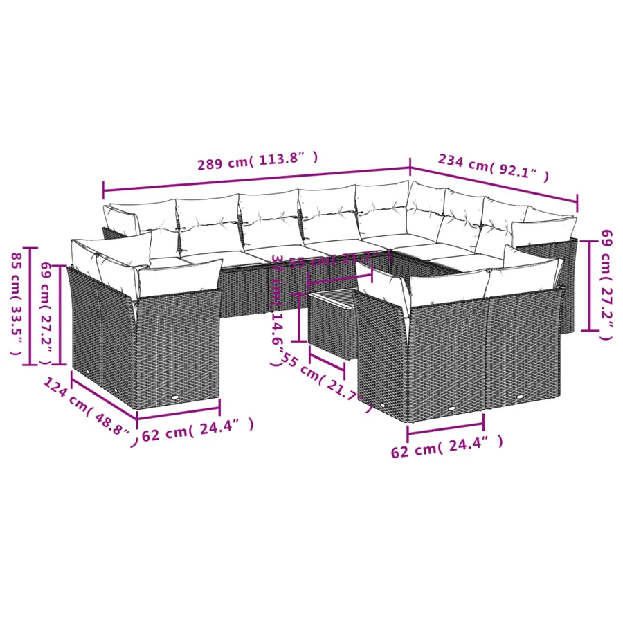 Salon de jardin avec coussins 13 pcs noir résine tressée - 10