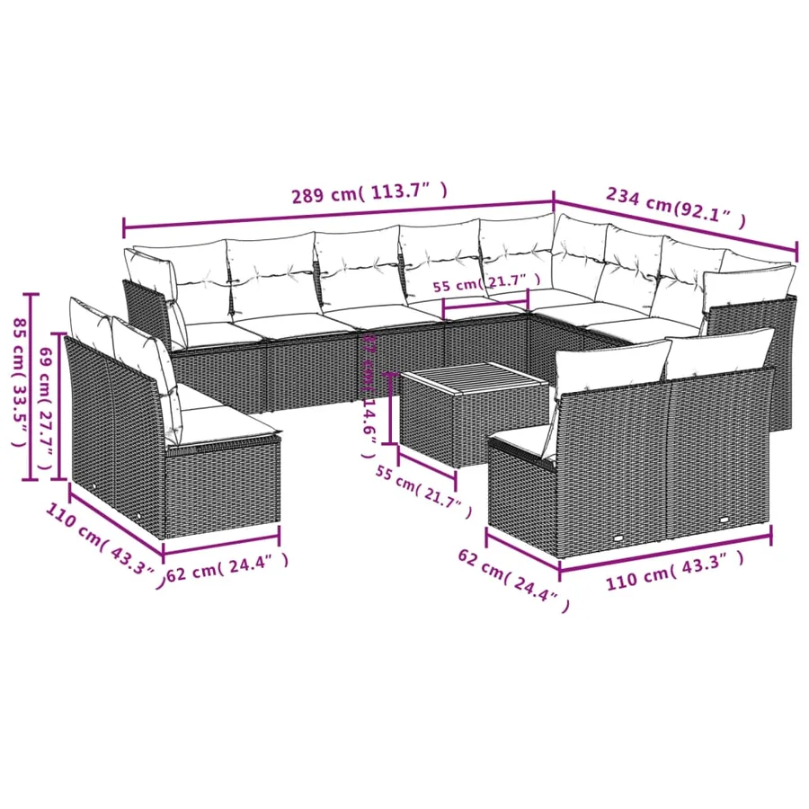 Salon de jardin avec coussins 13 pcs noir résine tressée - 10
